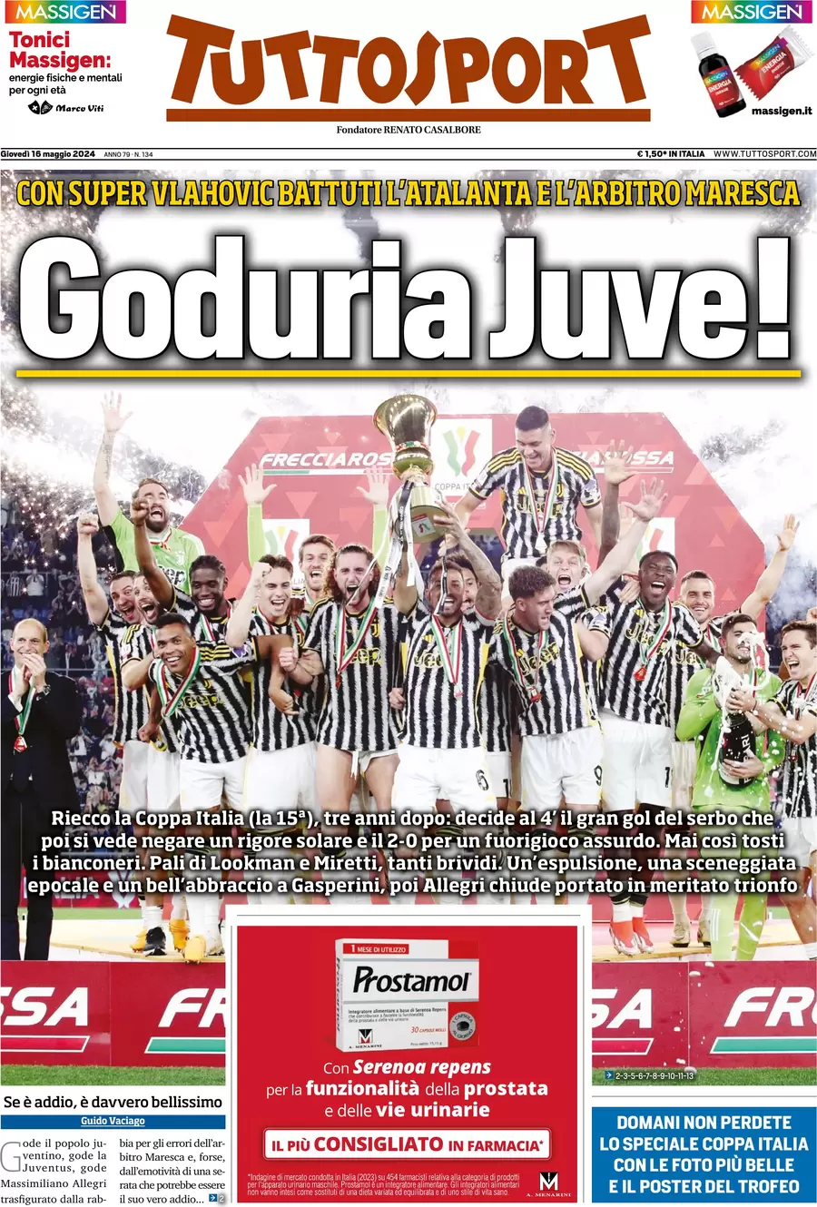 anteprima della prima pagina di tuttosport del 16/05/2024