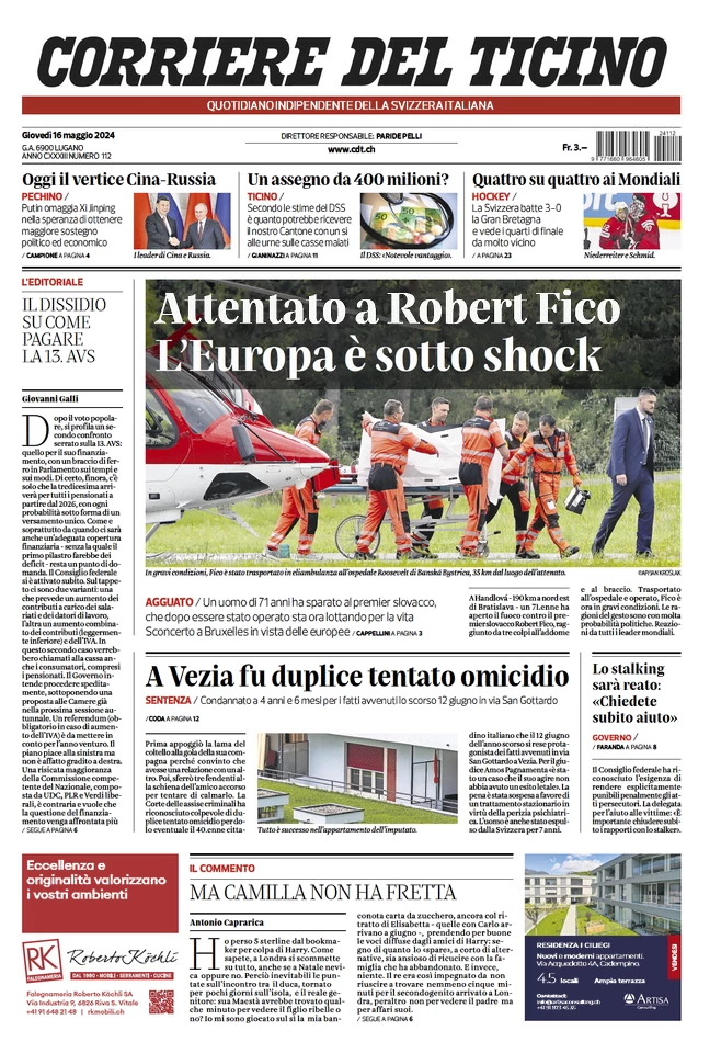 anteprima della prima pagina di corriere-del-ticino del 16/05/2024