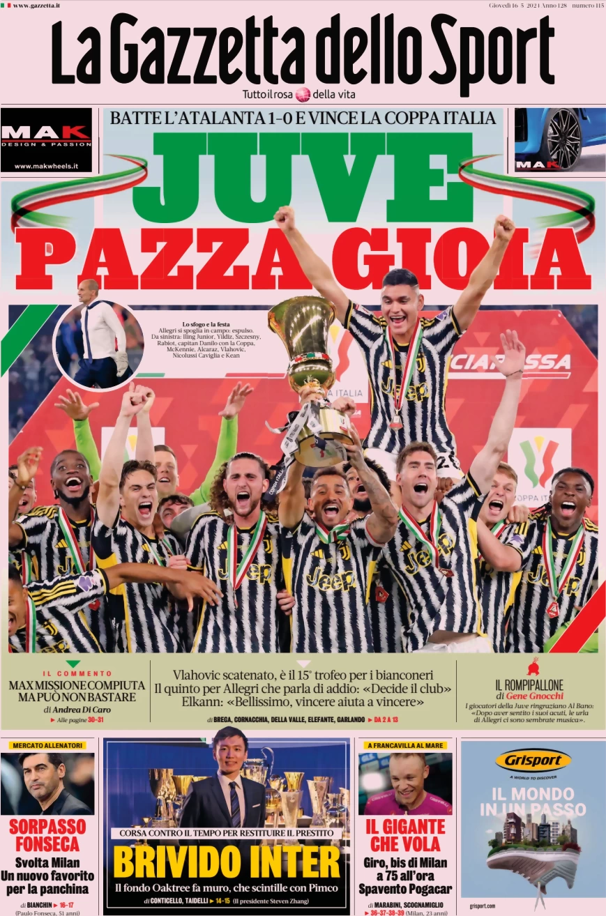 anteprima della prima pagina di la-gazzetta-dello-sport del 16/05/2024