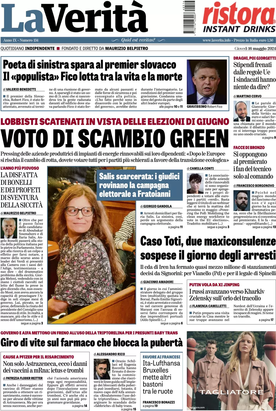 anteprima della prima pagina di la-verit del 16/05/2024