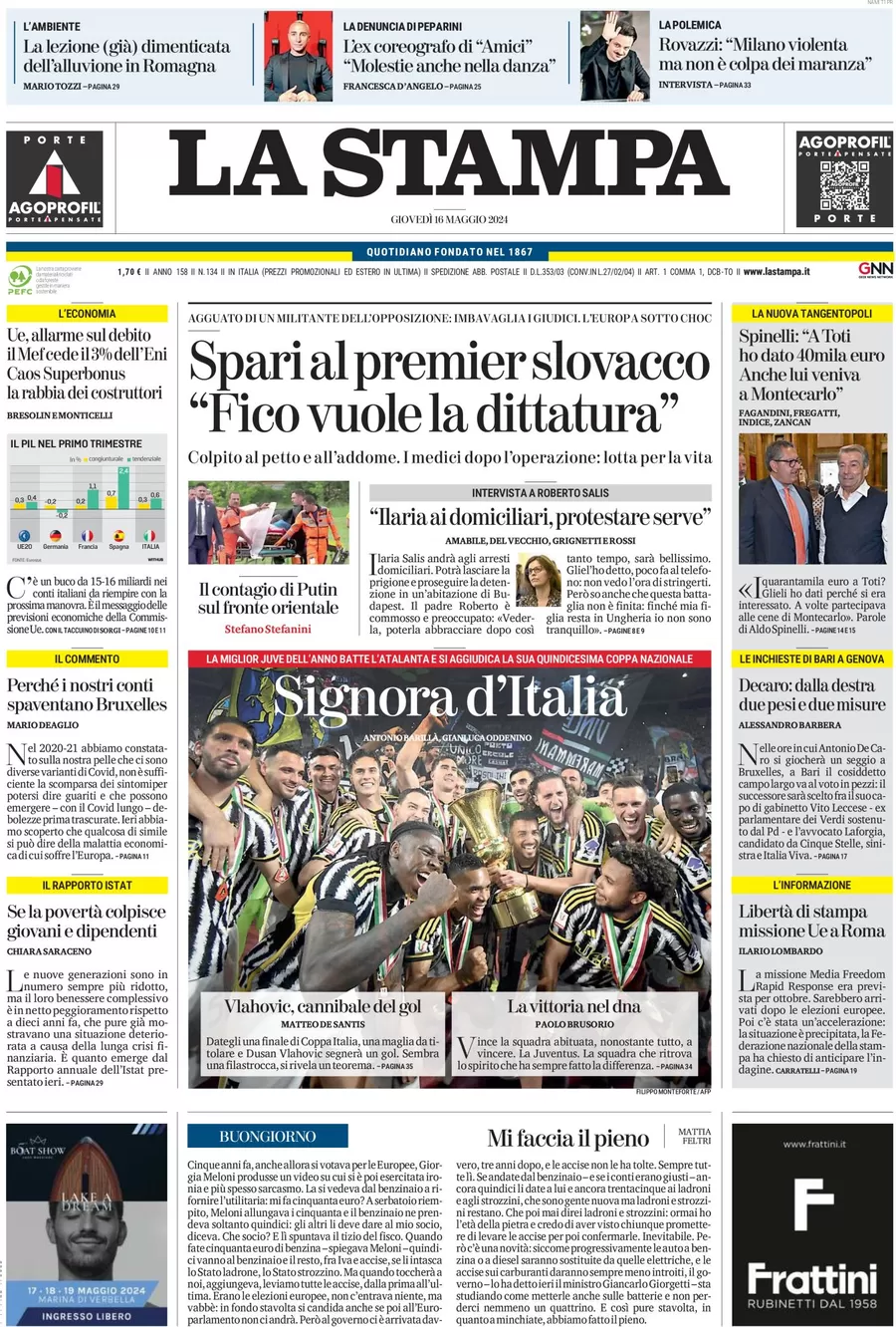 anteprima della prima pagina di la-stampa del 16/05/2024