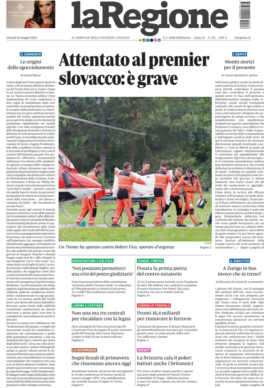 anteprima della prima pagina di la-regione del 16/05/2024