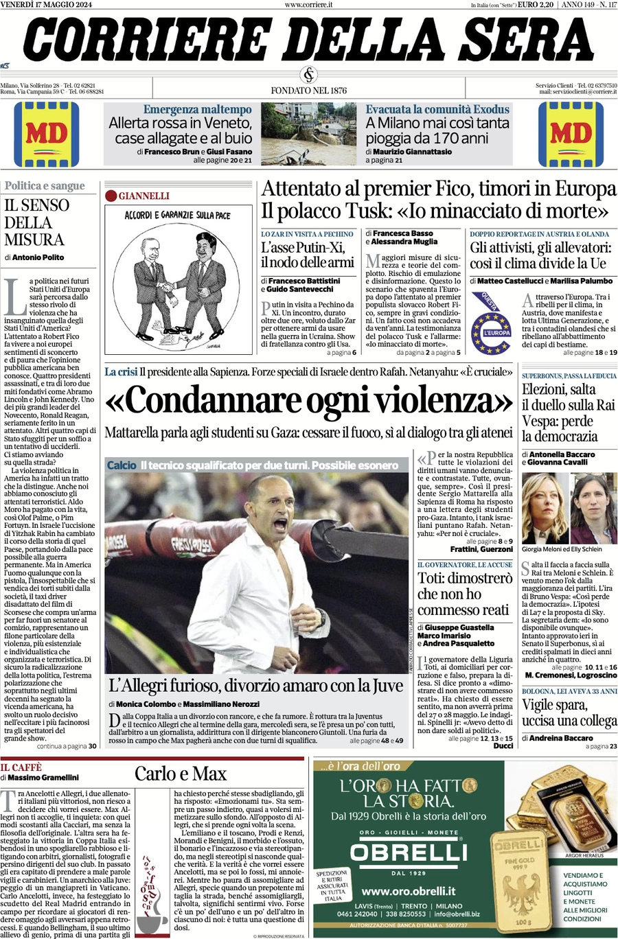 anteprima della prima pagina di corriere-della-sera del 17/05/2024