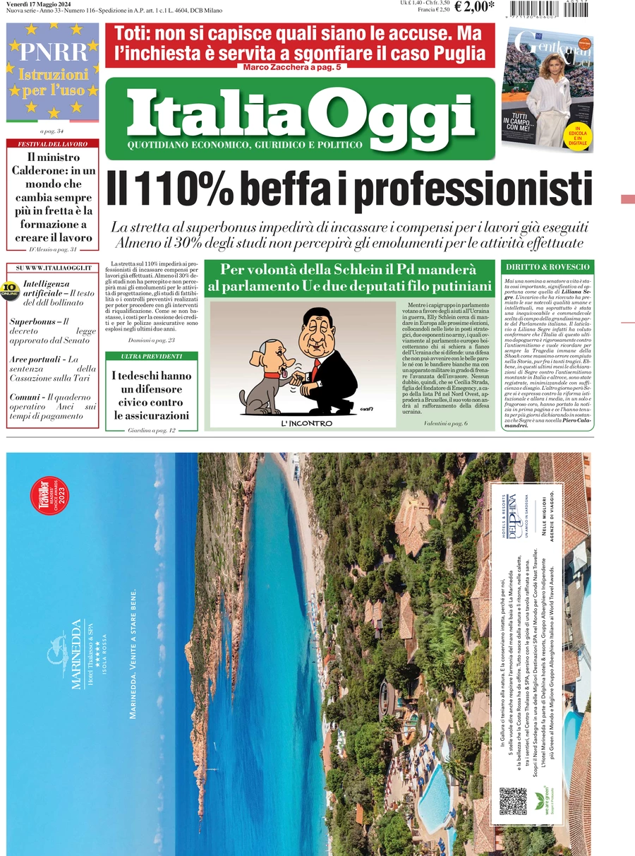Anteprima prima pagina della rasegna stampa di ieri 2024-05-17 - italia-oggi/