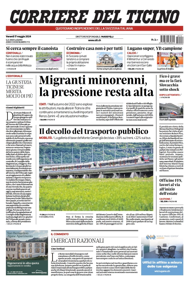 anteprima della prima pagina di corriere-del-ticino del 17/05/2024