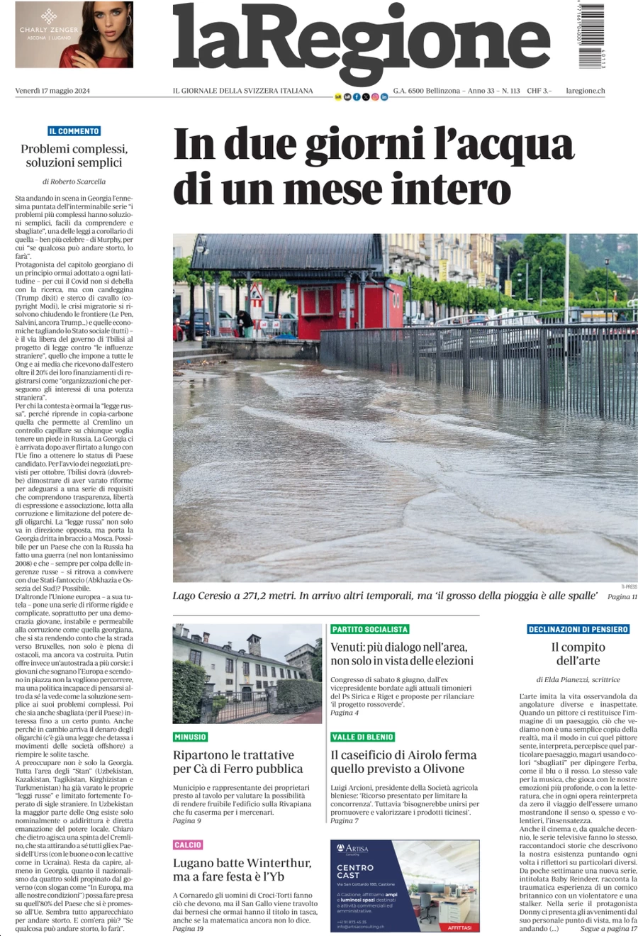 anteprima della prima pagina di la-regione del 17/05/2024