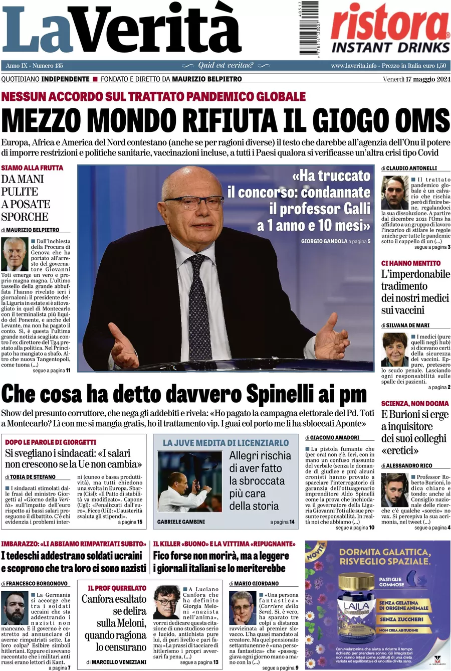 anteprima della prima pagina di la-verit del 17/05/2024