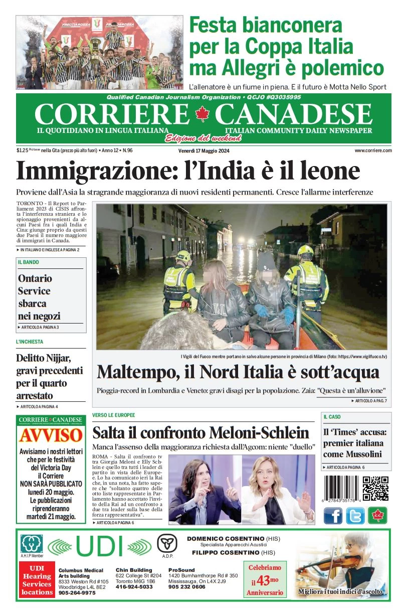 anteprima della prima pagina di corriere-canadese del 17/05/2024