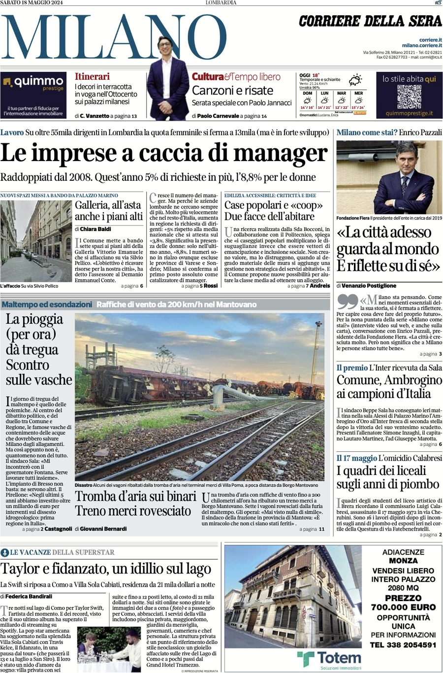 anteprima della prima pagina di corriere-della-sera del 18/05/2024