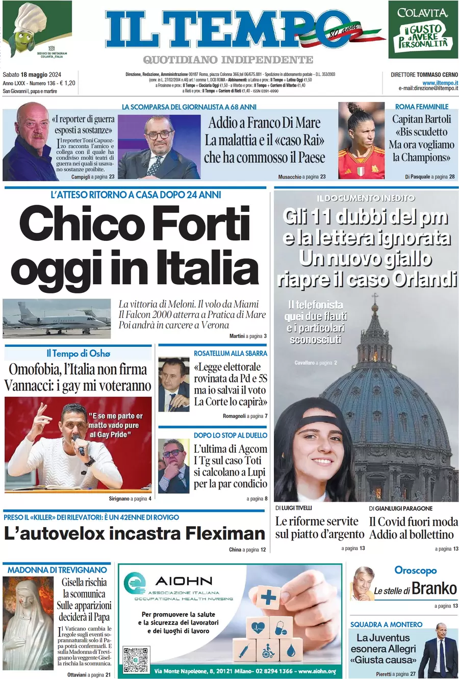 anteprima della prima pagina di il-tempo del 18/05/2024