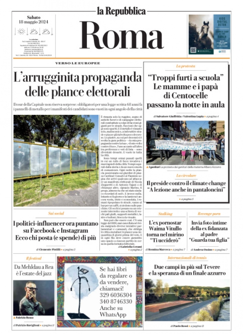 anteprima della prima pagina di La Repubblica (Roma)
