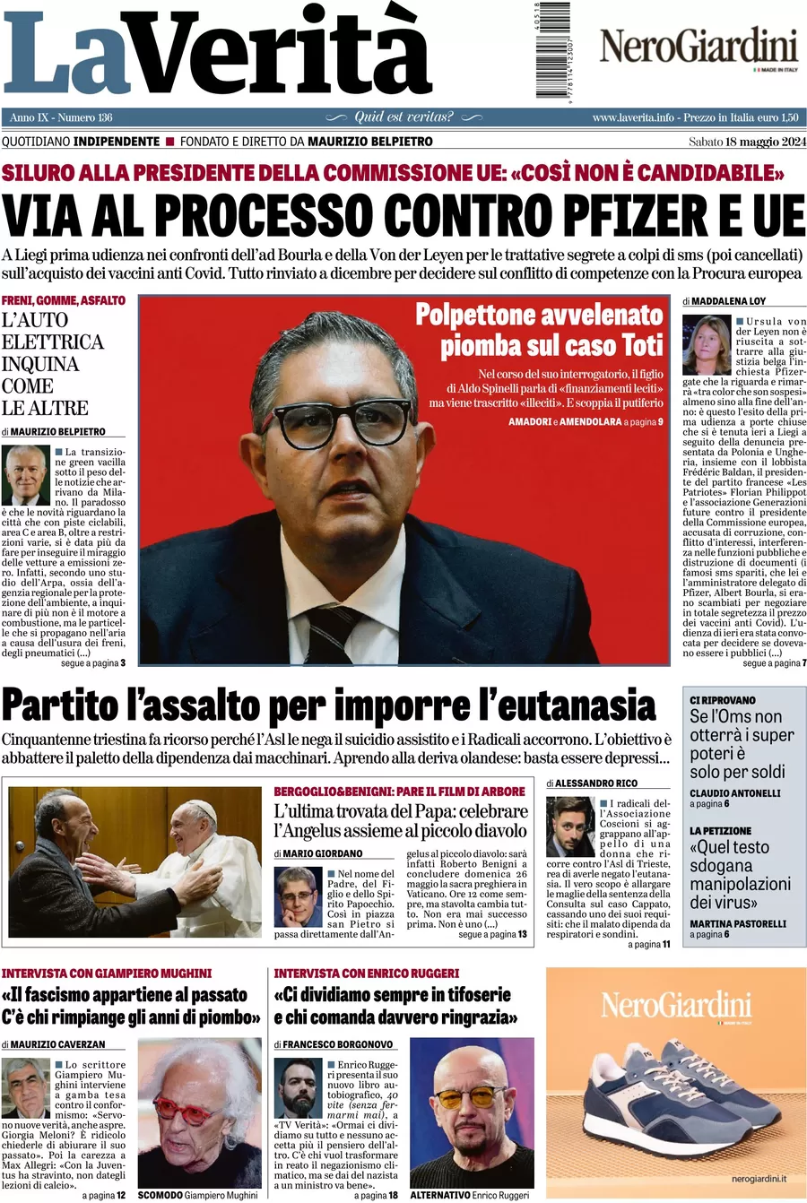 Anteprima prima pagina della rasegna stampa di ieri 2024-05-18 - la-verita/