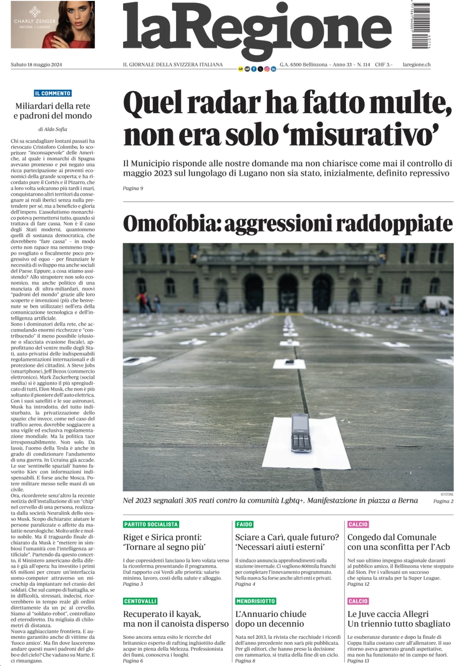 anteprima della prima pagina di la-regione del 18/05/2024