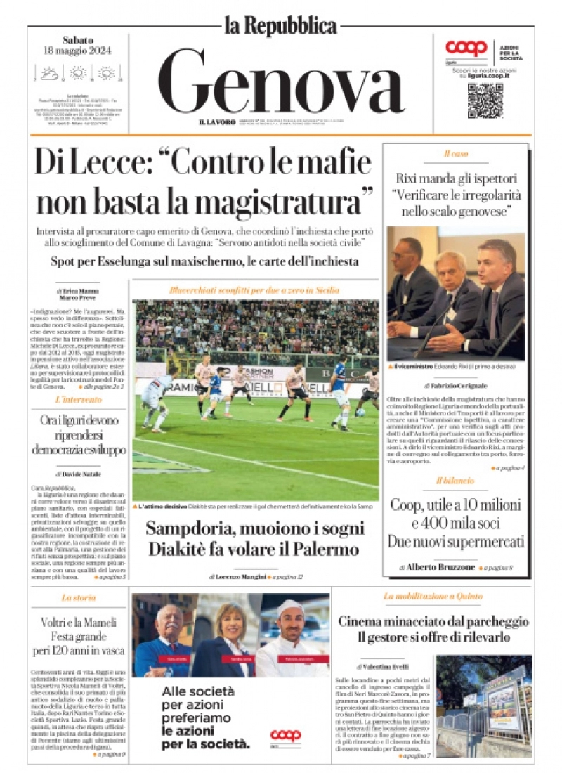 anteprima della prima pagina di La Repubblica (Genova)