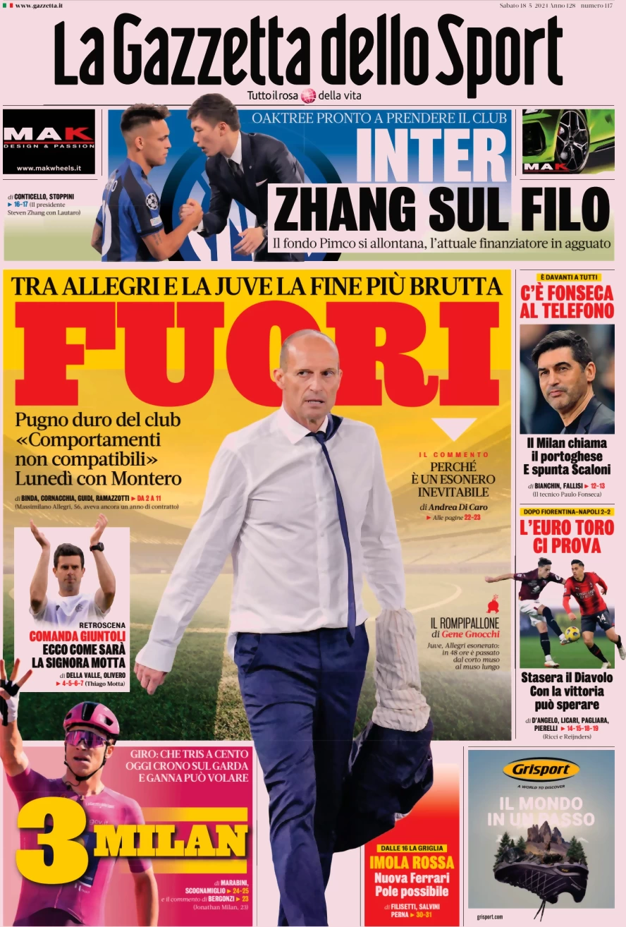 anteprima della prima pagina di la-gazzetta-dello-sport del 18/05/2024