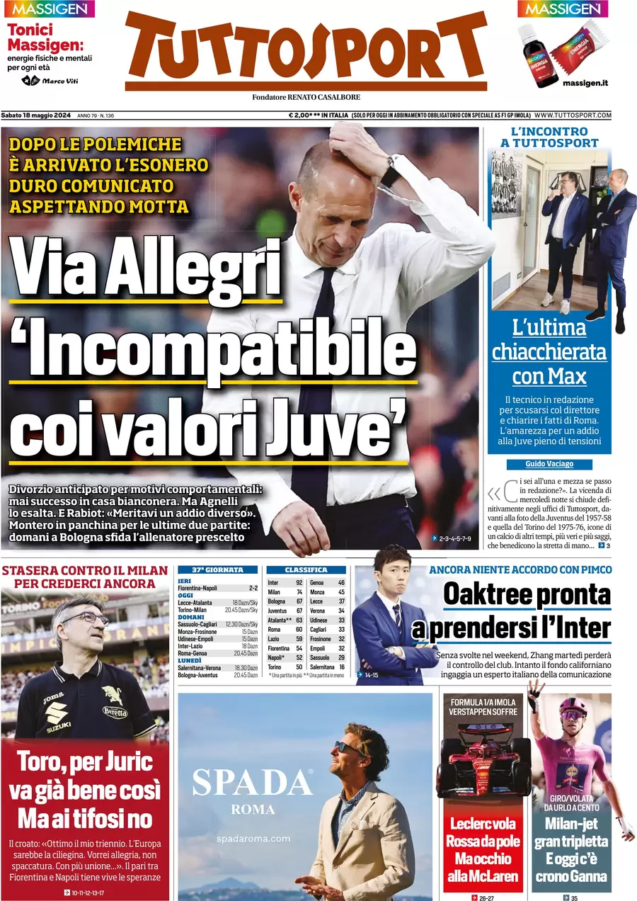 anteprima della prima pagina di tuttosport del 18/05/2024