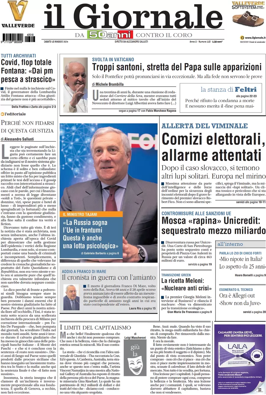 Anteprima prima pagina della rasegna stampa di ieri 2024-05-18 - il-giornale/