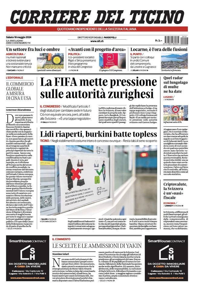 anteprima della prima pagina di corriere-del-ticino del 18/05/2024