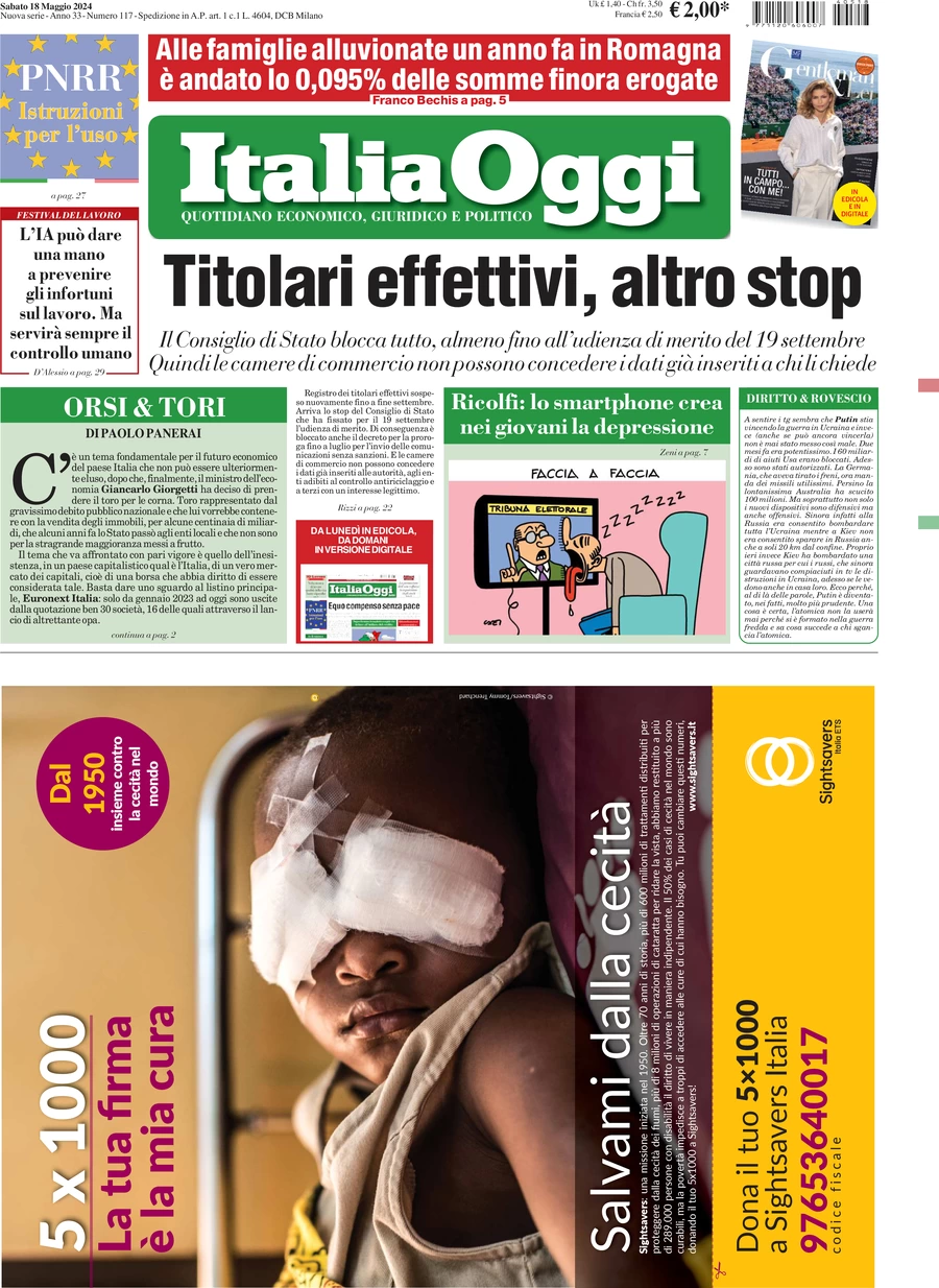 anteprima della prima pagina di italiaoggi del 18/05/2024