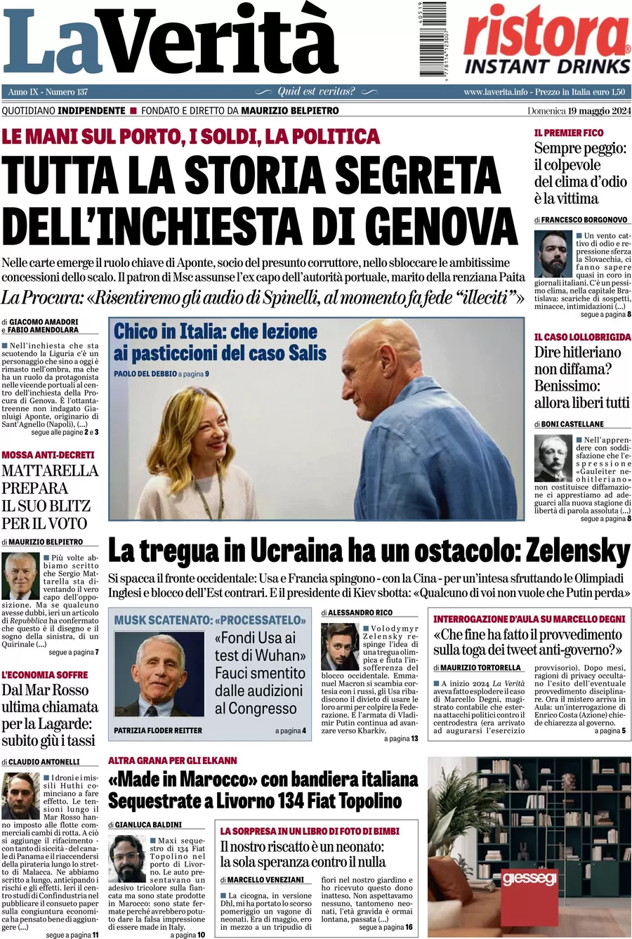 prima pagina - La Verità del 19/05/2024