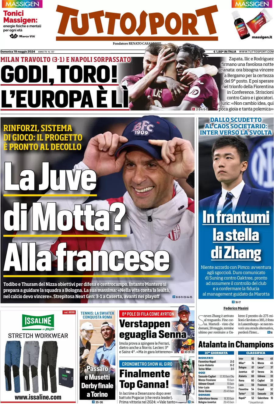 anteprima della prima pagina di tuttosport del 19/05/2024