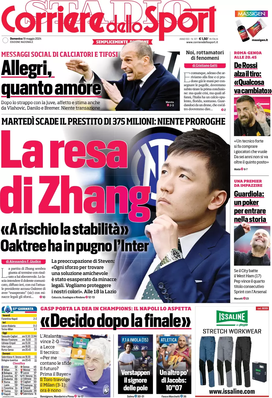 prima pagina - Corriere dello Sport del 19/05/2024
