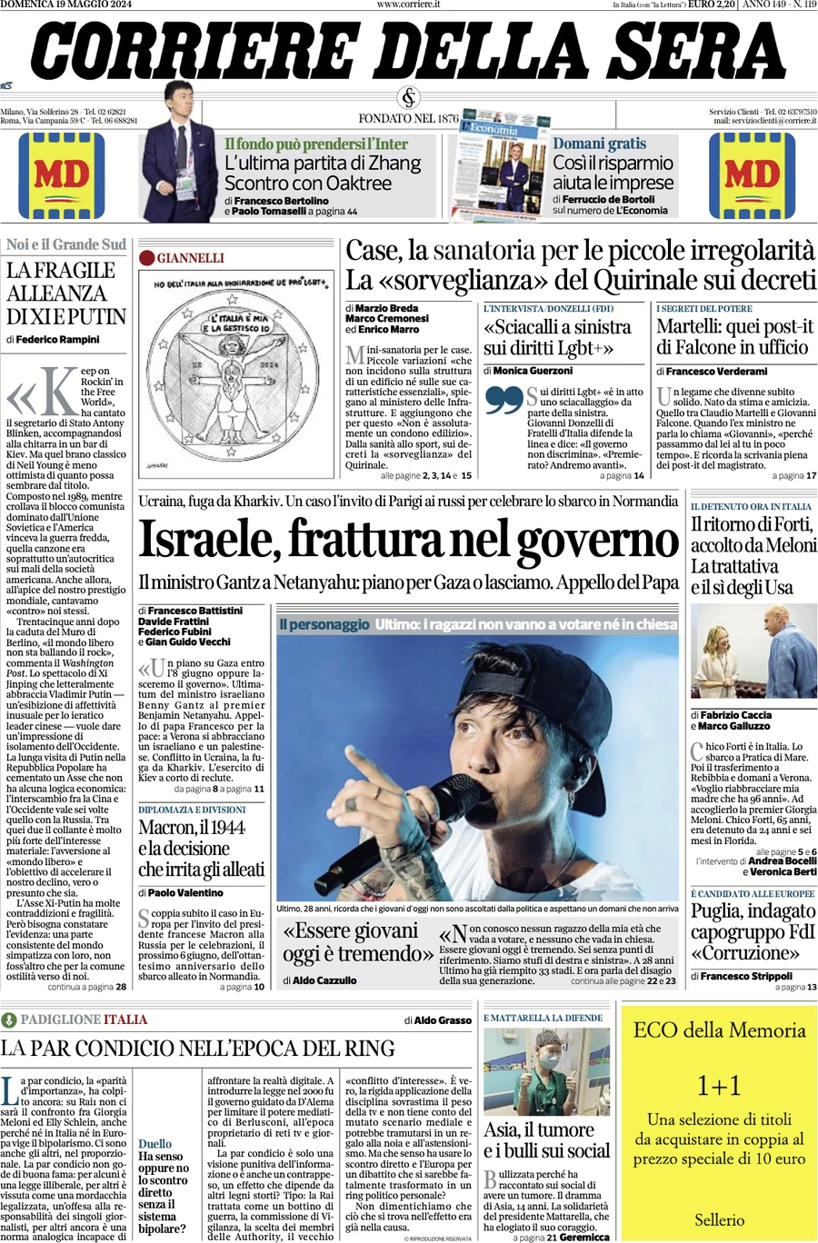 anteprima della prima pagina di corriere-della-sera del 19/05/2024