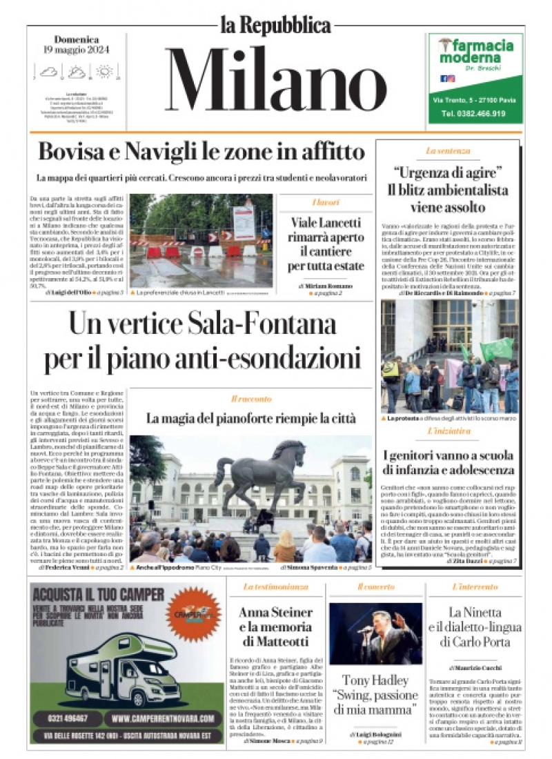 anteprima della prima pagina di La Repubblica (Milano)