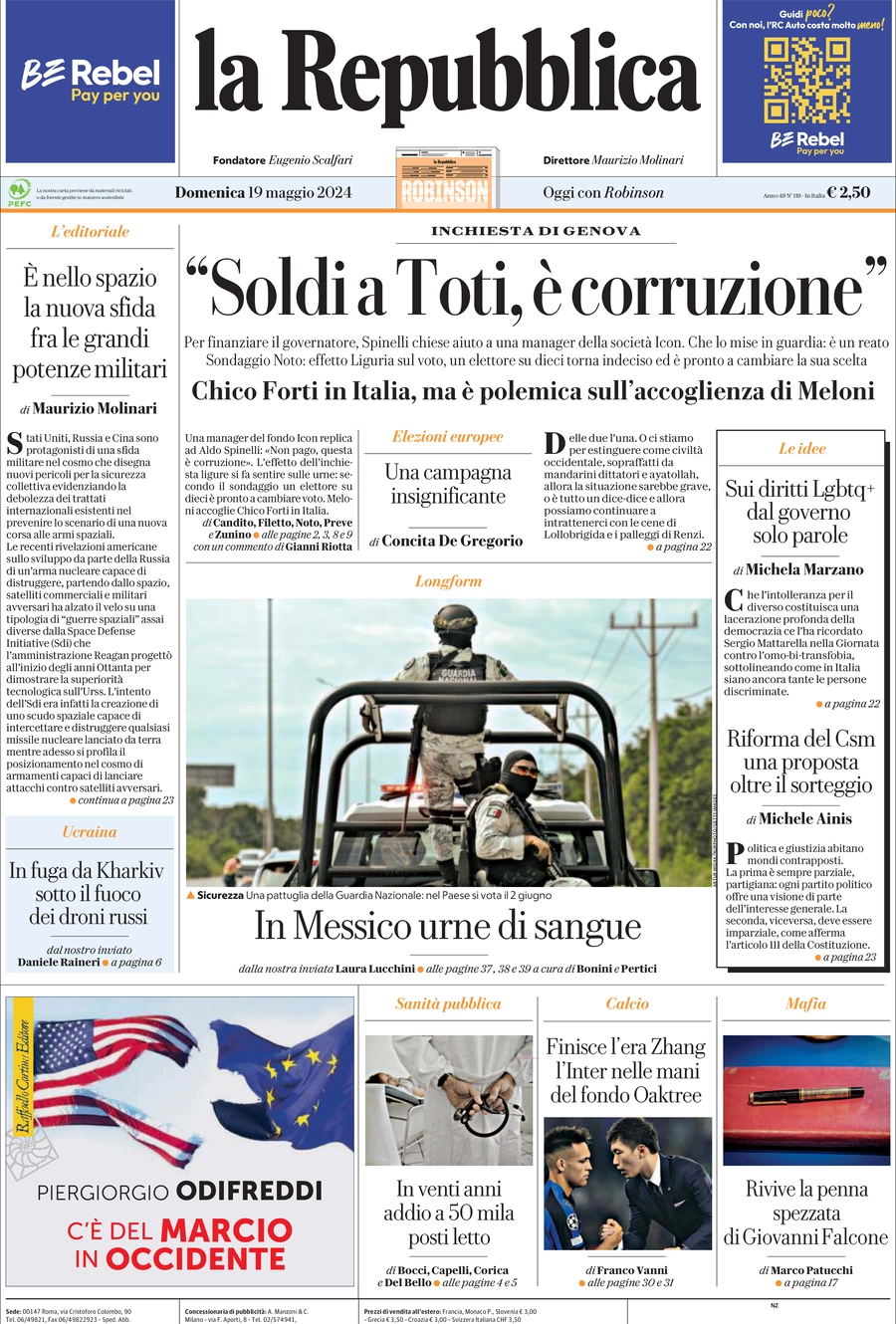 prima pagina - La Repubblica del 19/05/2024