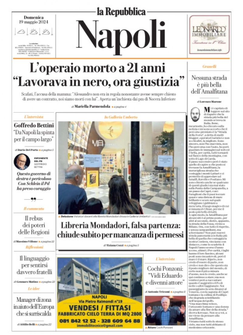 anteprima della prima pagina di La Repubblica (Napoli)
