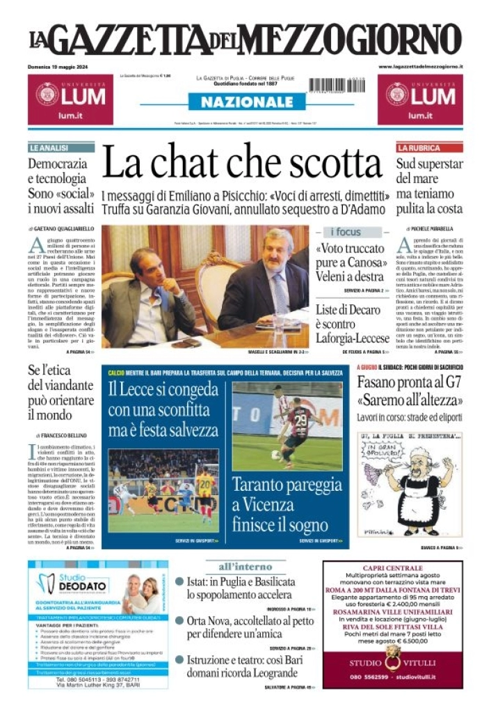 anteprima della prima pagina di La Gazzetta del Mezzogiorno (Bari)