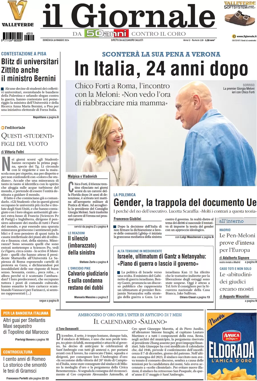 anteprima della prima pagina di il-giornale del 19/05/2024