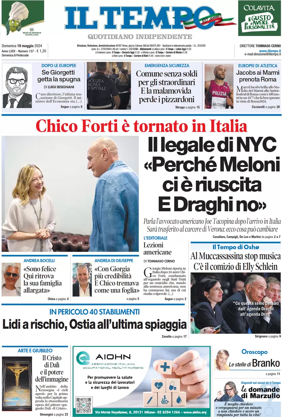 prima pagina - Il Tempo del 19/05/2024