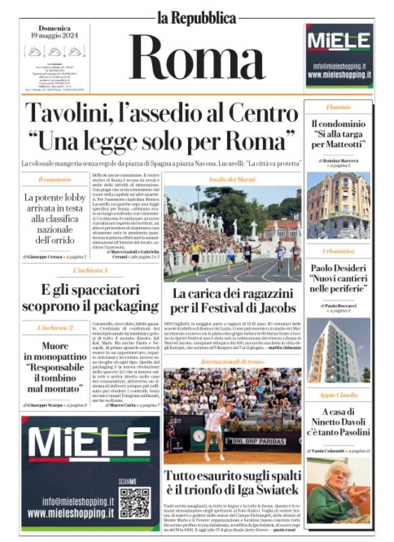 anteprima della prima pagina di La Repubblica (Roma)
