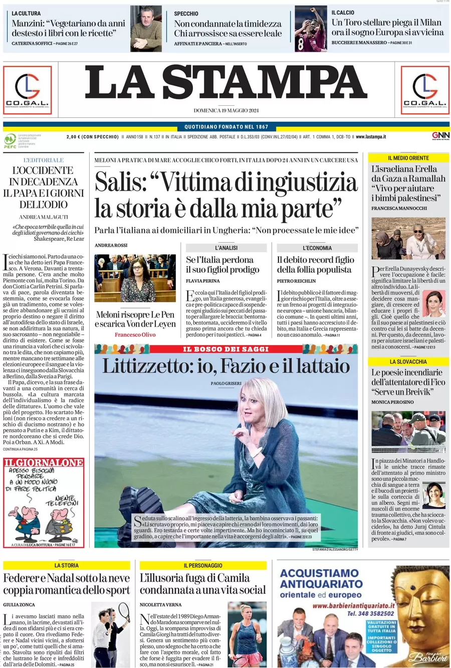 anteprima della prima pagina di la-stampa del 19/05/2024