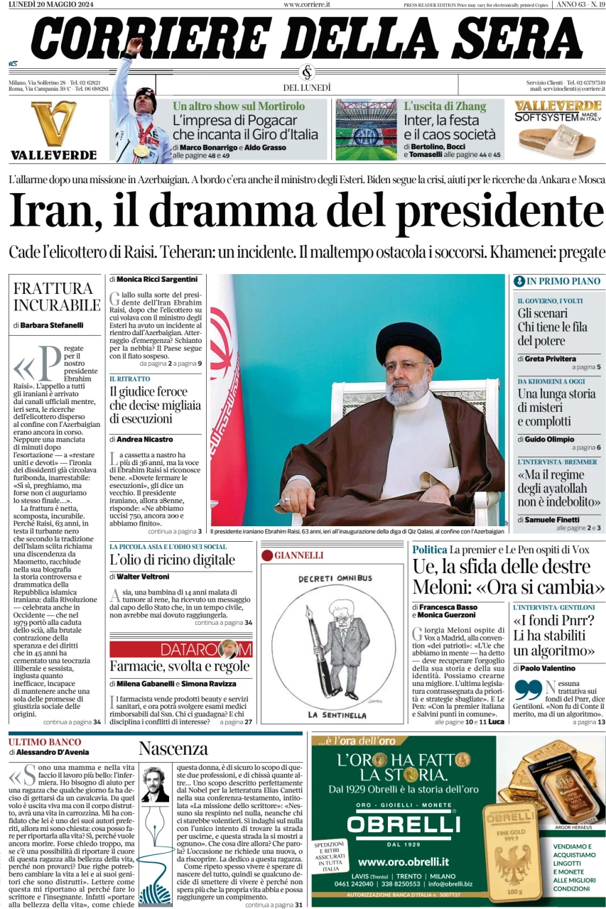 anteprima della prima pagina di corriere-della-sera del 20/05/2024