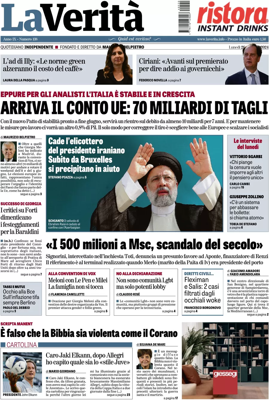 anteprima della prima pagina di la-verit del 20/05/2024