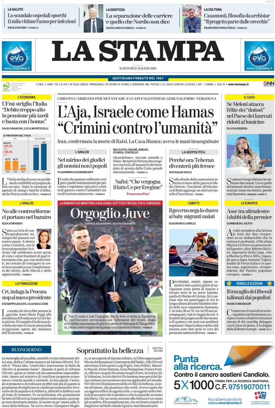 anteprima della prima pagina di la-stampa del 21/05/2024