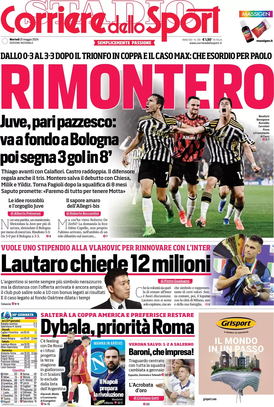 anteprima della prima pagina di corriere-dello-sport del 21/05/2024