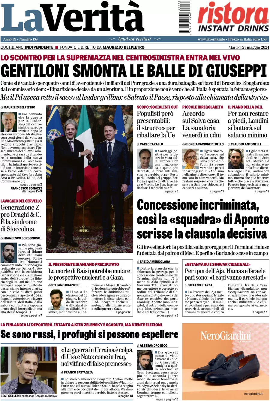 anteprima della prima pagina di la-verit del 21/05/2024