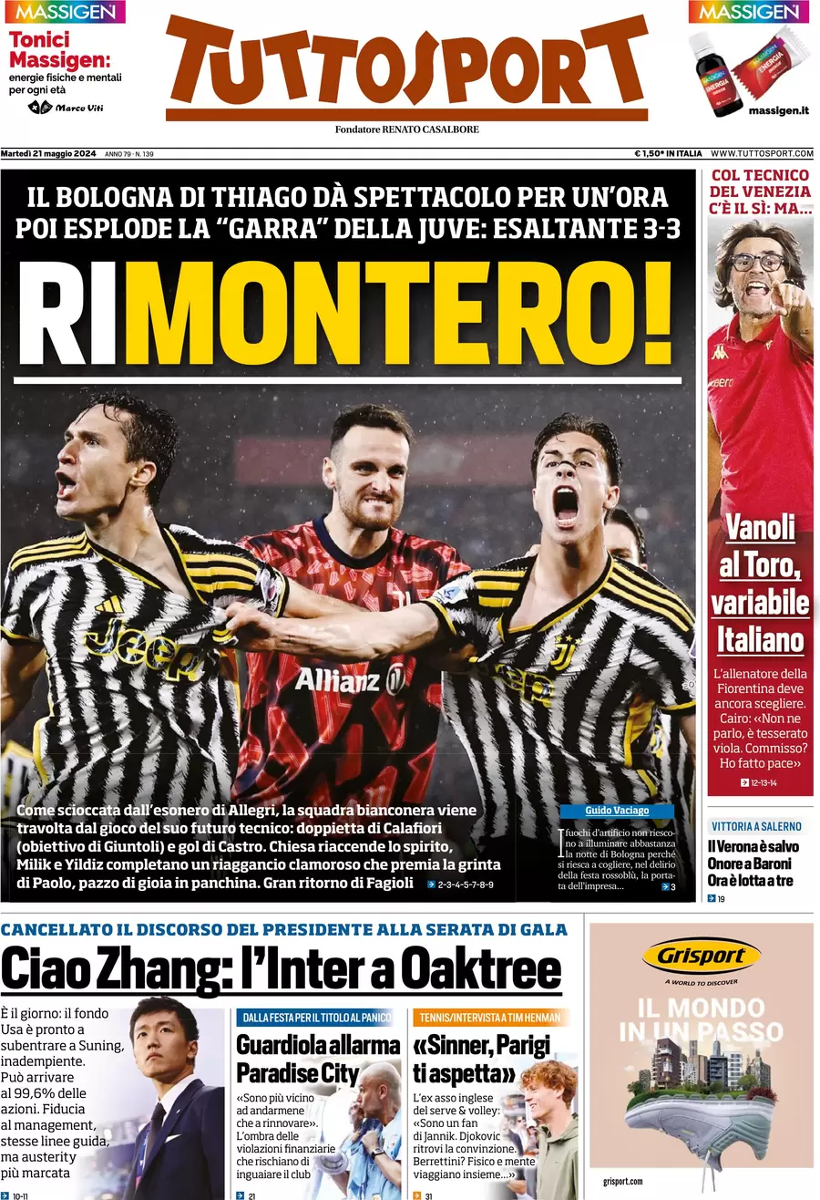 anteprima della prima pagina di tuttosport del 21/05/2024