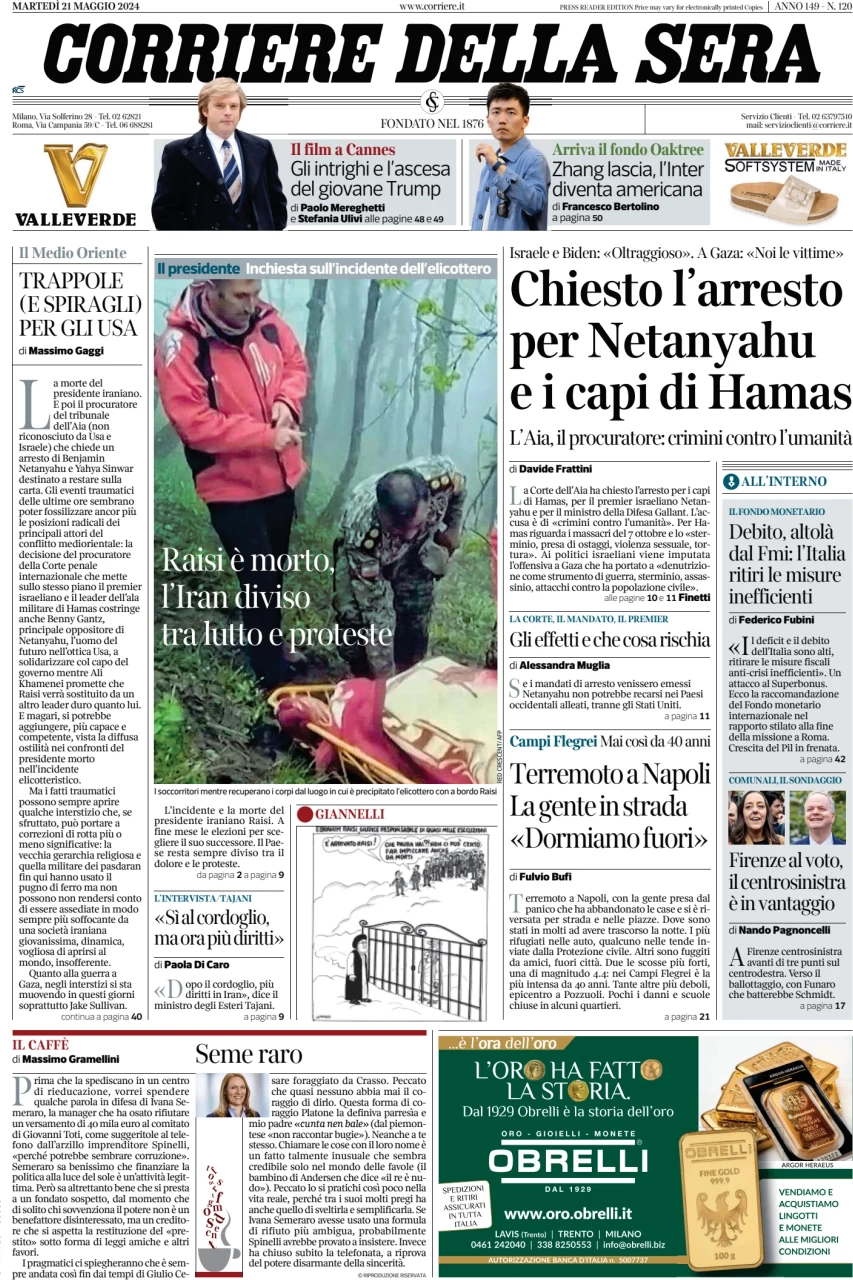 anteprima della prima pagina di corriere-della-sera del 21/05/2024
