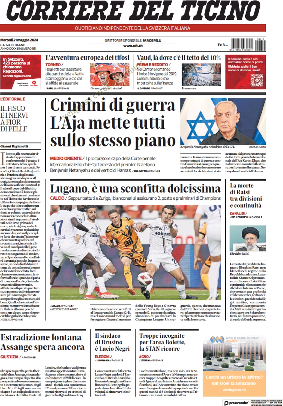 anteprima della prima pagina di corriere-del-ticino del 21/05/2024