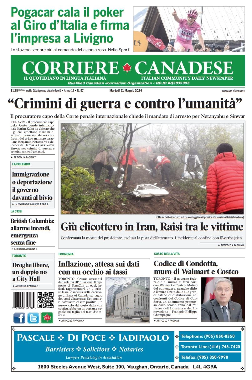 anteprima della prima pagina di corriere-canadese del 21/05/2024