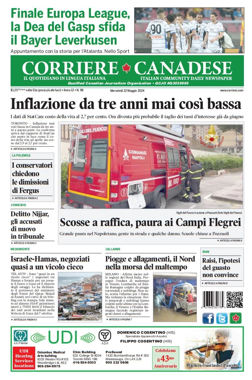 anteprima della prima pagina di corriere-canadese del 22/05/2024