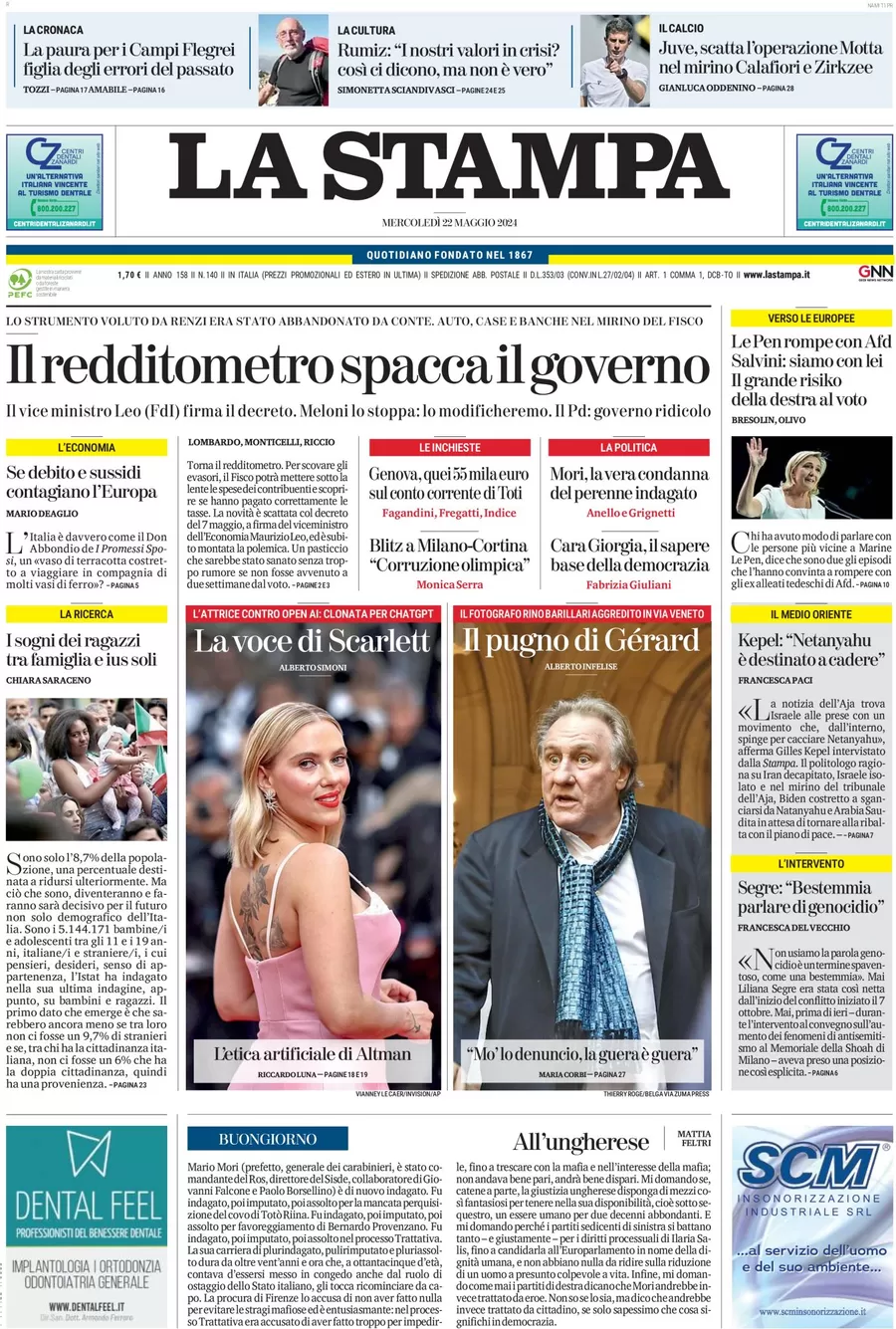 anteprima della prima pagina di la-stampa del 22/05/2024