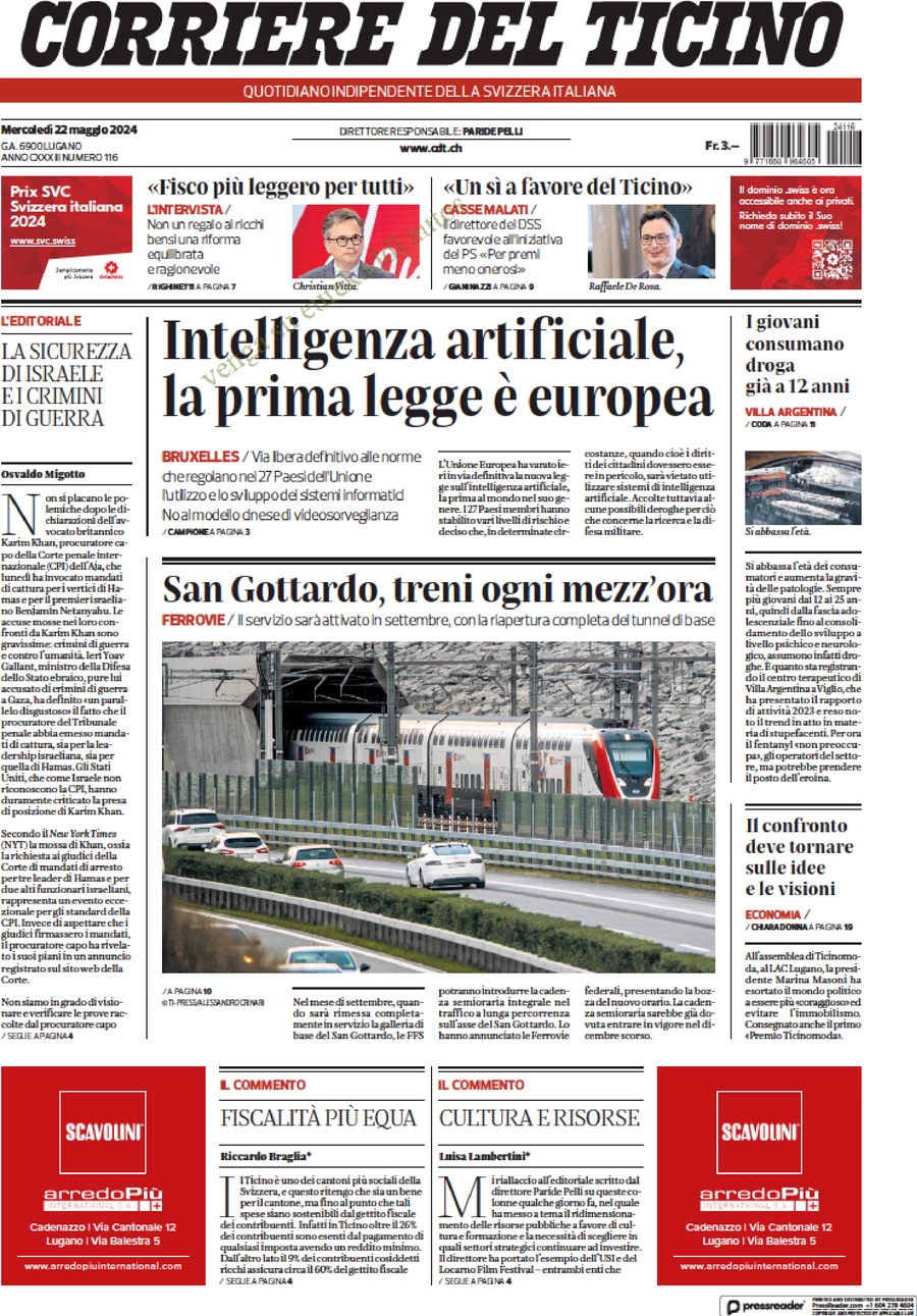 anteprima della prima pagina di corriere-del-ticino del 22/05/2024