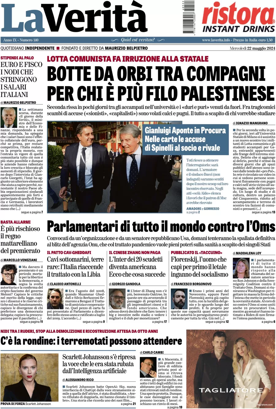 anteprima della prima pagina di la-verit del 22/05/2024