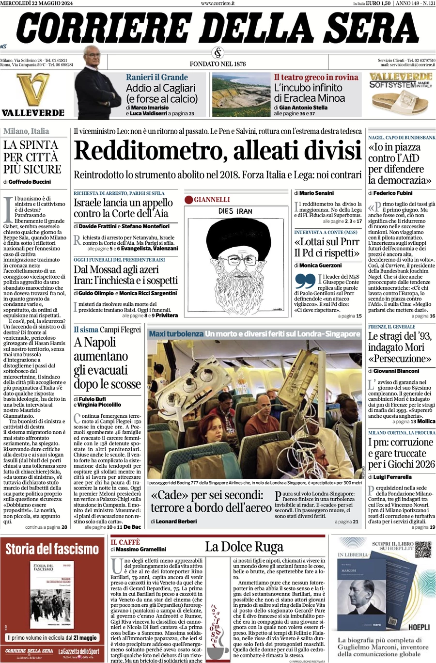 anteprima della prima pagina di corriere-della-sera del 22/05/2024
