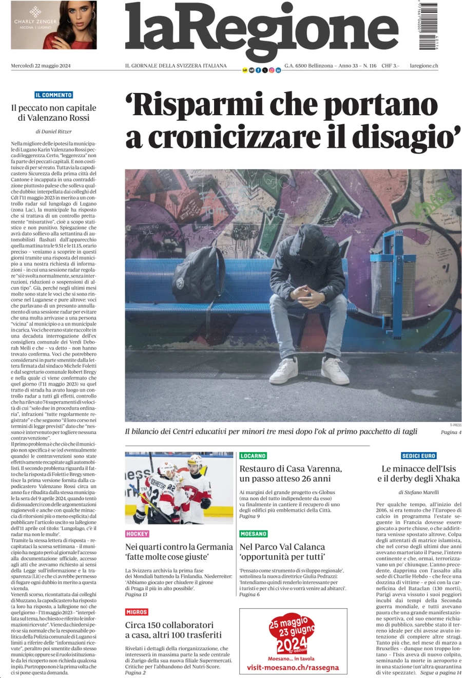anteprima della prima pagina di la-regione del 22/05/2024